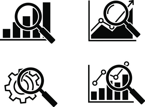 Data analytics icon vector set, black magnifying glass overlays with charts and gear, editable business intelligence symbols, premium design