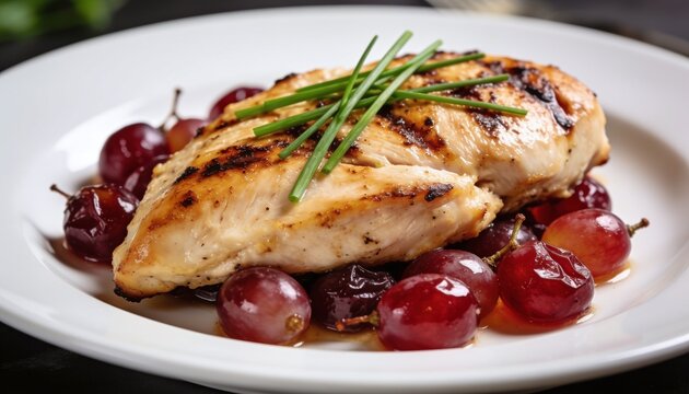 Gourmet grilled chicken breast with a delicate char, artfully presented on a bed of sweet roasted red grapes and garnished with fresh green chives, creating a flavorful and elegant dish