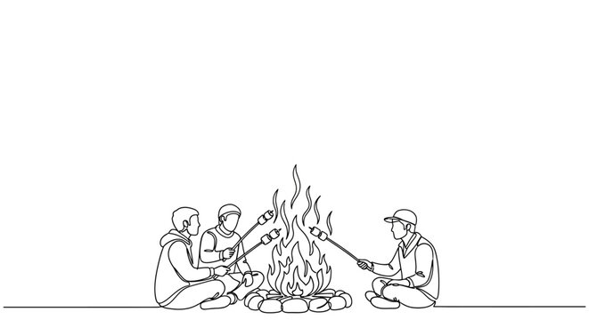 Continuous line drawing of friends camping and roasting marshmallows by a bonfire.