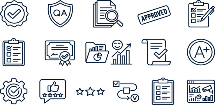 Quality Assurance and Business Evaluation Line Icon Set Featuring Approval, Certification, Audit, Performance Review and Compliance Management
