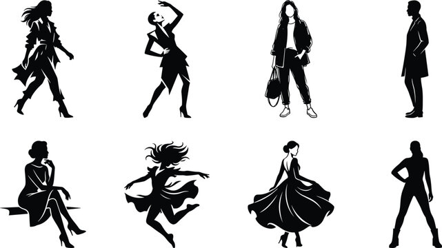 Collection of black fashion silhouettes featuring male and female models in diverse stylish poses outerwear dresses and streetwear attire