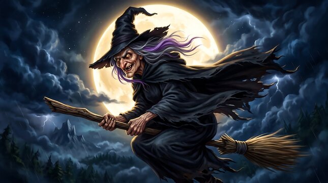 A wicked witch flies on her broomstick across the night sky, silhouetted against a glowing full moon with storm clouds in the background.
