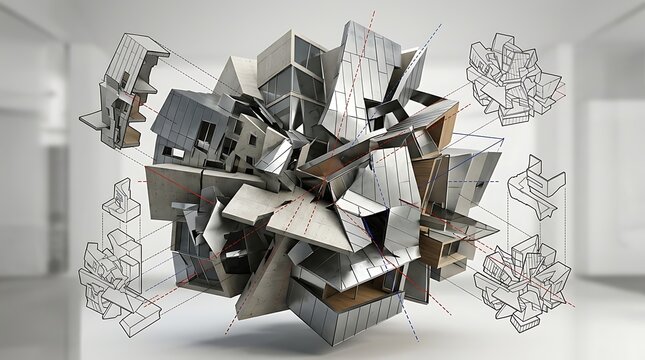 Abstract deconstructed architectural model with technical schematics