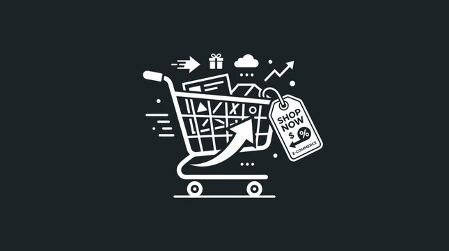 Shopping cart icon with sale tag and rising arrow indicating online shopping growth and discounts now.