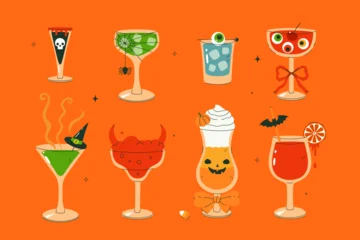 A set of various Halloween cocktails. Vector graphics © Екатерина Зирина