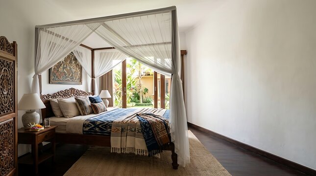 Luxury tropical bedroom with four poster canopy bed and garden view