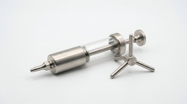Stainless steel syringe with three-way valve on white background