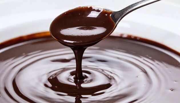 Rich, glossy dark liquid chocolate or sweet dessert sauce drips slowly from a silver spoon, creating perfect concentric ripples in a deeply tempting and delicious dark brown pool