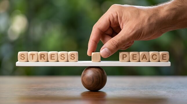 Balance scale with wooden blocks spelling stress and peace photo