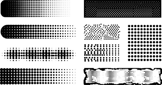 Set of Black Halftone Rectangle Frames and Dotted Banner Design Elements on White Background