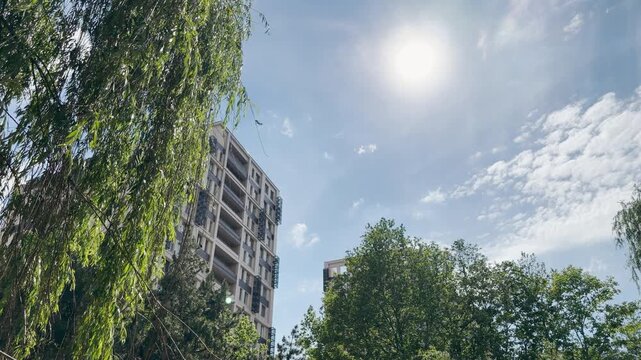modern residential complex stands tall under a brilliant sun and blue sky. Lush willow branches frame the scene, creating a peaceful and refreshing atmosphere