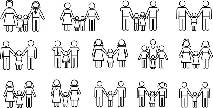 Diverse Family Icons Set, Stick Figure Outline, Single Parent, Traditional, Same-Sex Parents, Vector Illustration, Kids, Childhood, Relationships, Household.