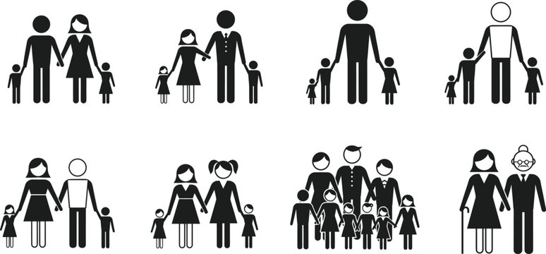 Diverse Family Silhouette Icons Set, Stick Figures, Traditional, Single Parent, Large Family, Grandparents, Vector Graphic, Relationships, People, Life.