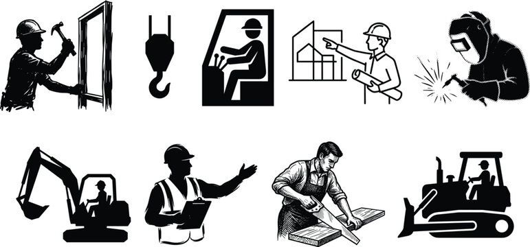 Construction Worker Silhouette Vector Set Featuring Welder Carpenter Engineer Excavator Crane Operator and Architect Icons on White Background