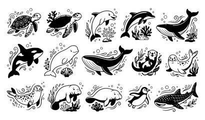 Hand Drawn Marine Animal Collection with Whales Dolphins Orcas Seals and Ocean Wildlife Illustrations © Crafts Home