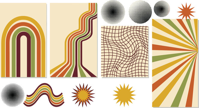 Retro 70s Groovy Poster Design Element Vector Set with Sunburst Stripes Wavy Rainbow Lines and Halftone Circles