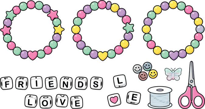 Cute Pastel Friendship Bracelet Making Kit Vector Set with Letter Beads String Scissors and Heart Star Charms