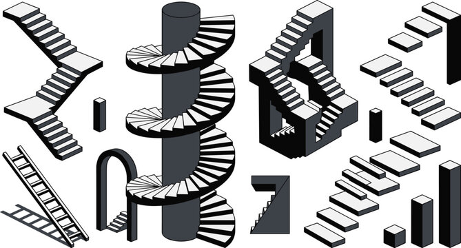 Isometric Staircase Vector Set with Spiral Stairs Impossible Optical Illusions Ladders and Architectural Step Elements for Graphic Design