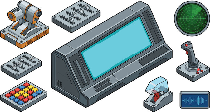 Isometric Sci Fi Control Panel Vector Set with Monitor Screen Radar Joysticks Throttle and Dashboard Instrument Elements