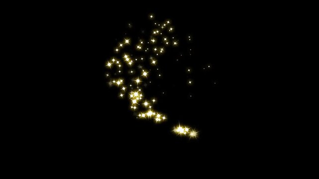 Elegant golden glitter twinkle star trail burst animation, sparkling starlight particles, fantasy shimmer dust, glowing magic star path curve motion, star twinkle blink burst effect on black screen.4k