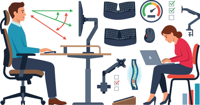 Ergonomic Workstation Posture Vector Set with Correct Sitting Habits Office Chair Slouching Laptop User and Spine Health Icons