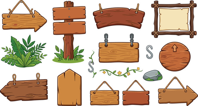 Wooden Signboard Vector Set with Blank Arrow Plaques Game UI Notice Boards Chains and Jungle Foliage Graphic Elements