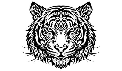 Ornamental Tiger Head Tribal Tattoo Design with Symmetrical Decorative Wild Animal Vector Illustration © Crafts Home