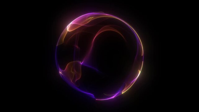 Transparent fluid purple yellow sphere. Liquid Violet sphere subtle gradient glow. Glass 3D sphere engulfed purple and yellow flames. Looping sphere Colorful swirling smoke effect loop. smoke ball.