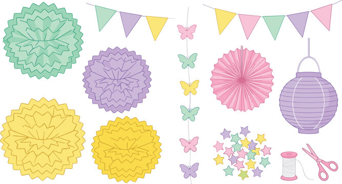 Pastel Party Decoration Kit Vector Set with Paper Rosettes Bunting Flags Hanging Lanterns Garlands and Confetti Stars