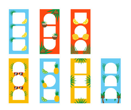 Set of Photostrip Frame with Summer and Tropical Vibes Decoration. Vector Set