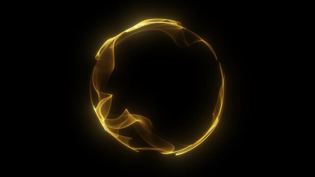 Golden Gate. Liquid gold in a circle. Gold round outline. Yellow circular frame. Yellow transparent sphere isolated on black background. Fluid 3D spherical ball yellow flame. Fire ring halo.