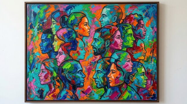 Vibrant abstract painting of diverse people faces
