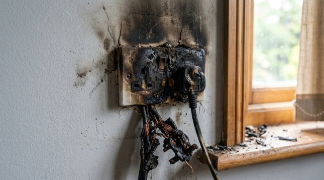 Burnt Electrical Outlet Showing Fire Damage and Danger.