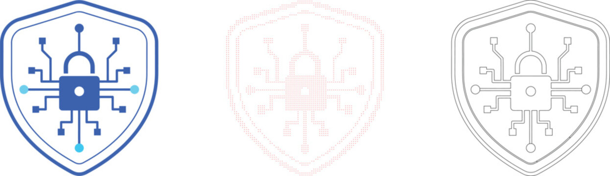 Abstract shield icon with integrated digital circuit and padlock symbolizing cyber security and protection