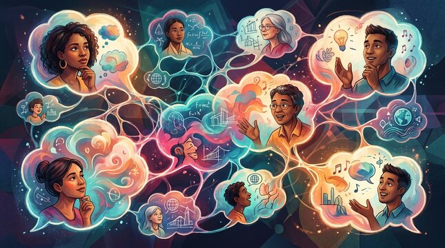 People share diverse thoughts and creative ideas interconnected through a vibrant network of colorful thought bubbles in this conceptual illustration.