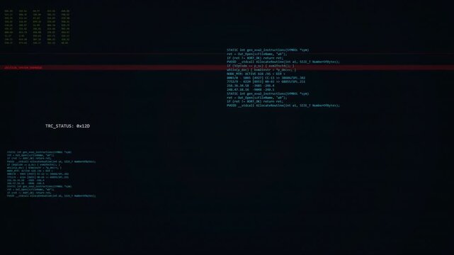 Scrolling Cyber Security Software Hack Concept with Digital Terminal Code and Critical System Error Warnings on Dark Background