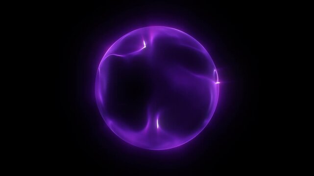 Purple energy magic sphere. Round high-tech digital ball core of light rays waves lines and energy particles. Abstract sphere background. Purple sphere in high quality 4k, motion design loop
