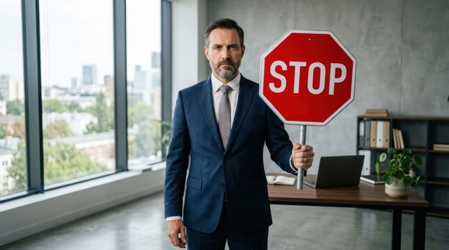 Businessman holding a stop sign in office setting.