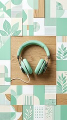 Mint green headphones on a wood surface with geometric patterns