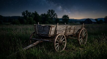 Fototapeta premium Vintage Wooden Wagon in Rural Field Under Milky Way Night Sky