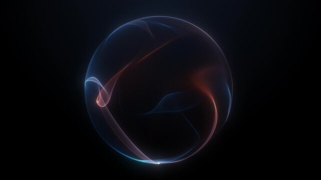 Abstract glowing energy sphere with blue and orange plasma waves and fluid light reflections. Futuristic 4K loop animation.