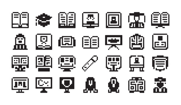 Pixel art education and knowledge icons with books, graduation caps, computers, and presentations.