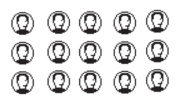 Pixel art head profile icons collection for user avatars in circular frames isolated set.
