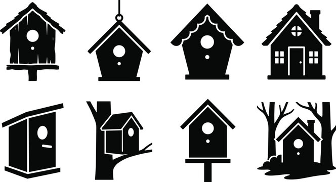 Decorative birdhouse silhouette vector bundle featuring unique wooden nesting box designs hanging on trees isolated on white background