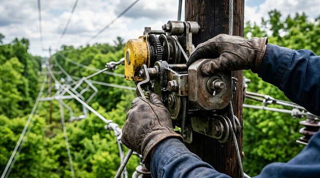 Lineman repairing high voltage power line transmission infrastructure.