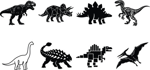 Dinosaur vector silhouette and illustration collection featuring T-Rex, Triceratops, Stegosaurus, Velociraptor, Brachiosaurus, and Pterodactyl in various artistic styles  © SHEMA