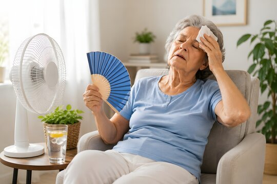 Senior woman suffering from heat wave, feeling unwell
