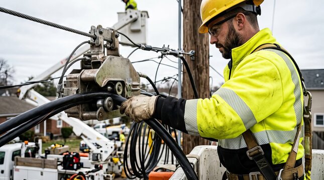 Professional Utility Lineman Working on Power Lines from a Bucket Truck.