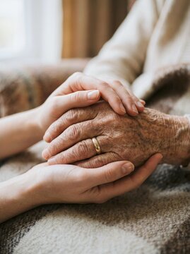 Close up of elderly and young hands gently clasped in care and support
