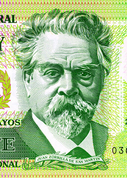 20 Uruguay Pesos banknote. Polymer money with portrait of famous poet Juan Zorrilla de San Martіn. Uruguay money.